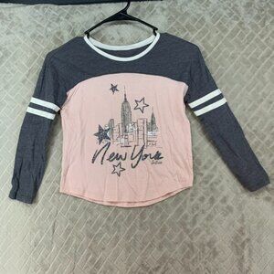 Justice Active Shirt Girls 6 Long Sleeve Varsity NY City Glitter Graphic